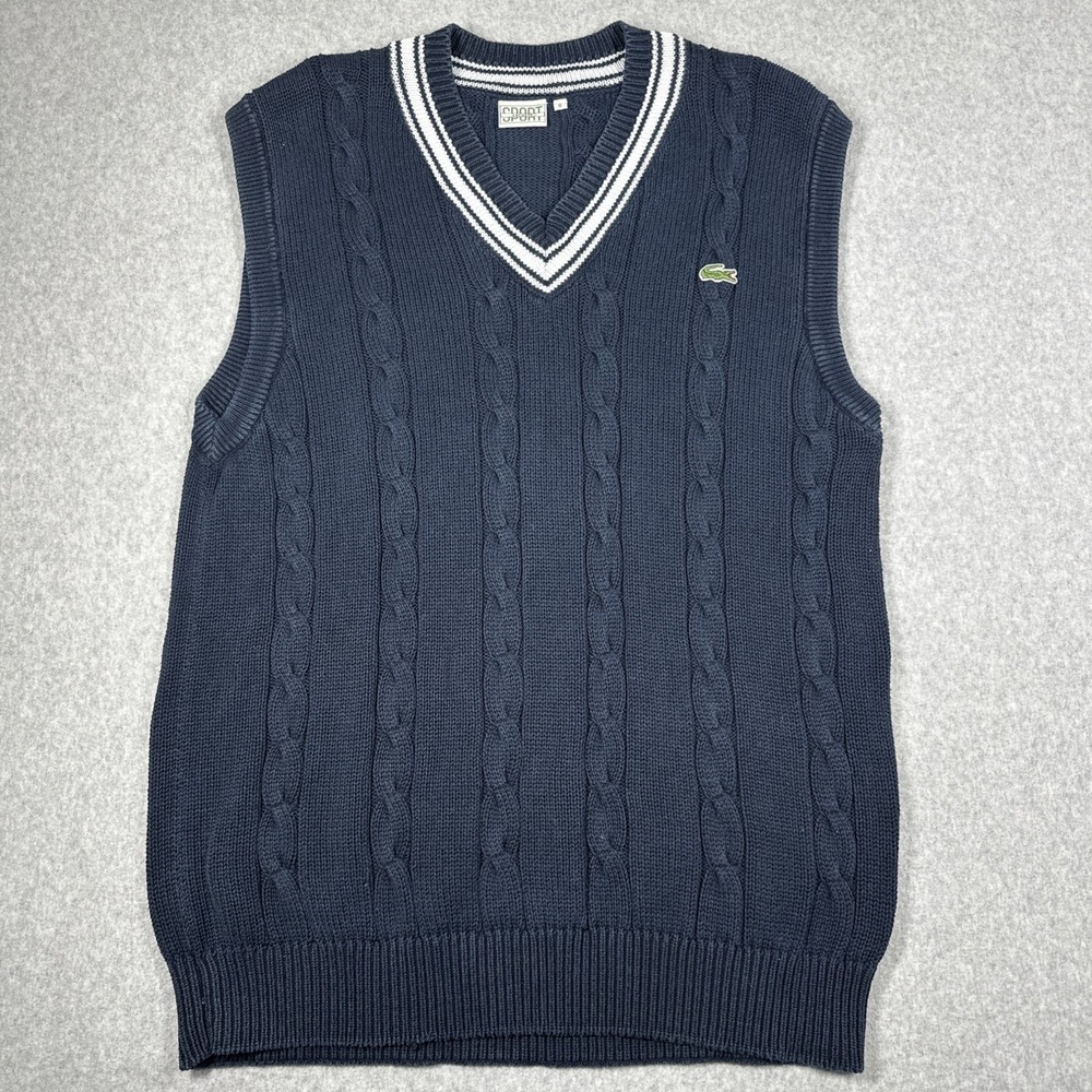 Lacoste Sport V-Neck Sweater Vest Navy Chunky Cable Knit Men's size 8 Large Navy